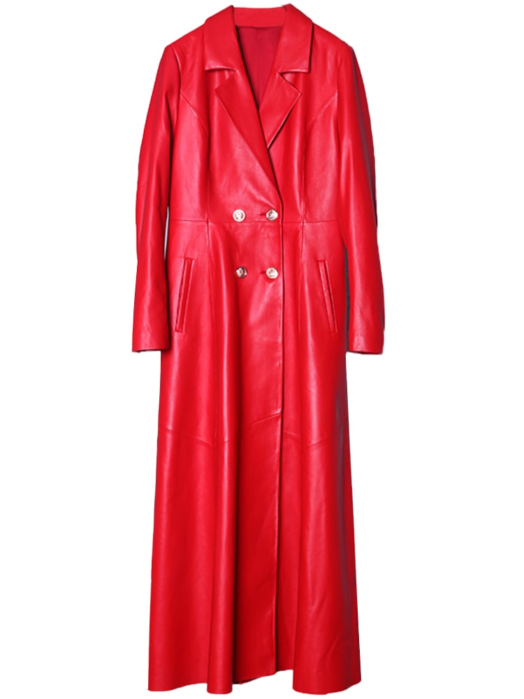 Coat - Long Skirted Red Black Faux Leather Trench Coat