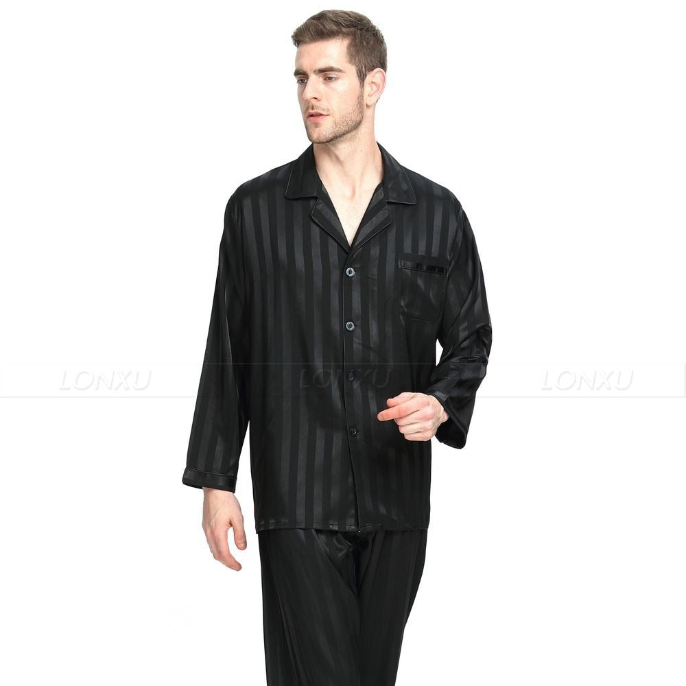 Pajamas - Mens Silk Satin Pajamas Set