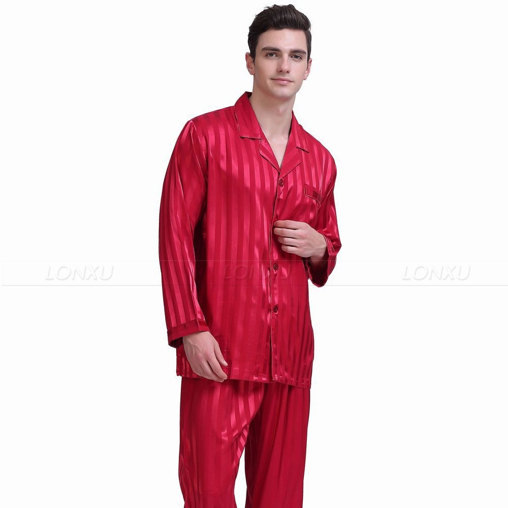 Pajamas - Mens Silk Satin Pajamas Set