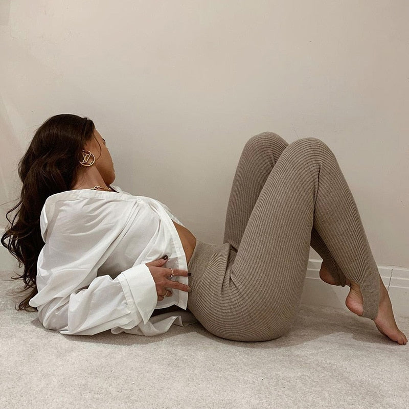 Leggings - Beige Ribbed Knit Leggings