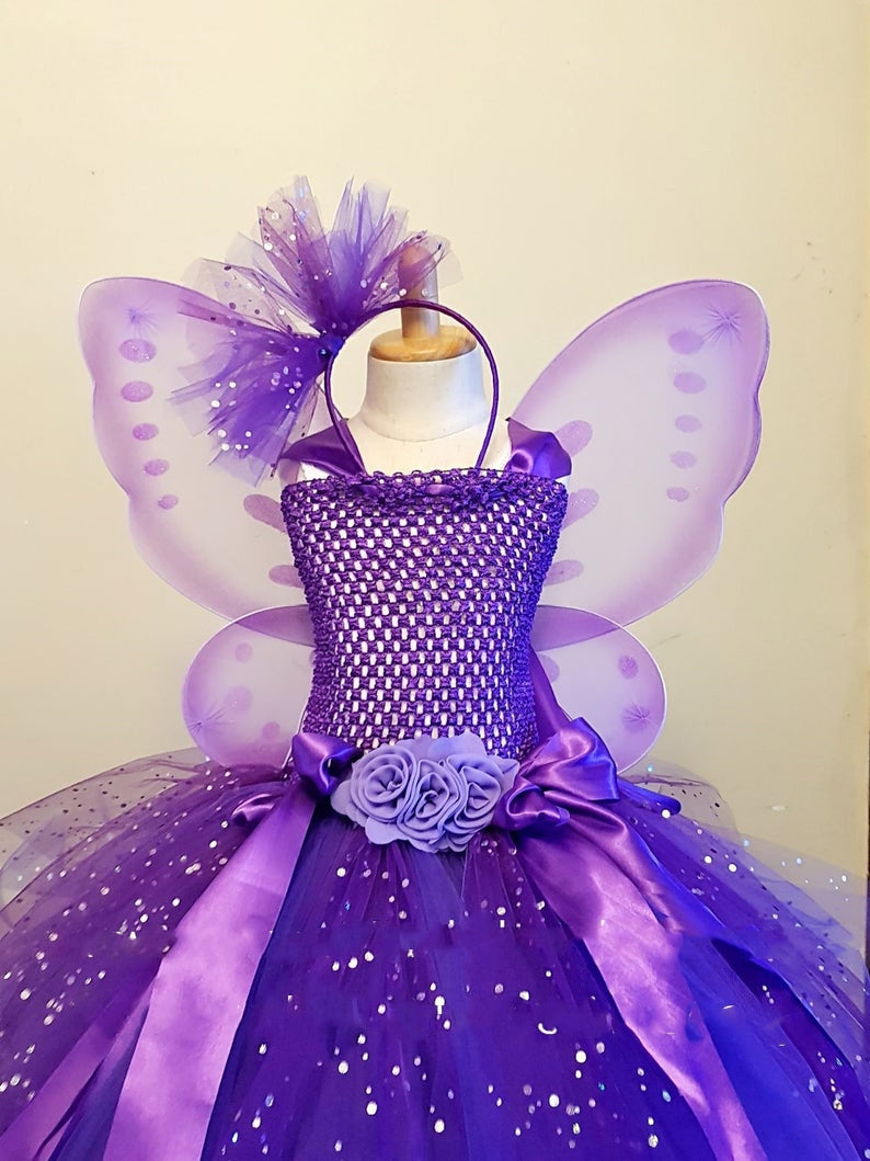 Dress - Girls Purple Butterfly Flower Tutu Dress