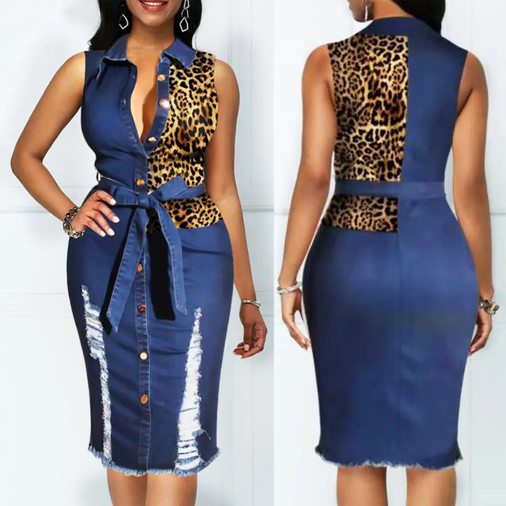 Casual and Comfortable Leopard Denim Dress