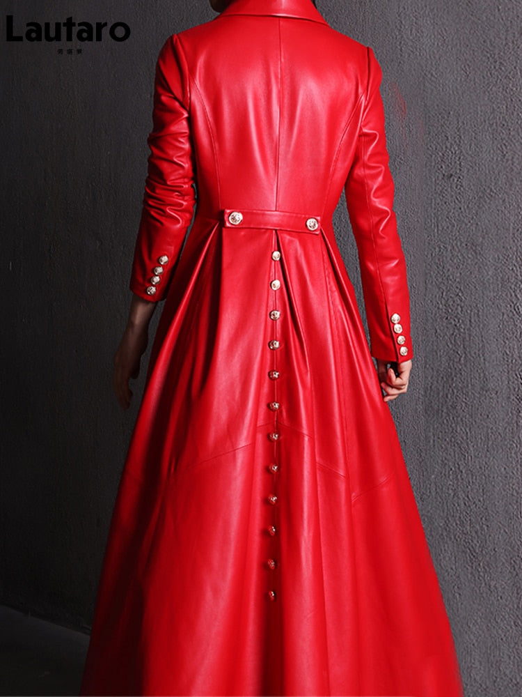 Coat - Long Skirted Red Black Faux Leather Trench Coat