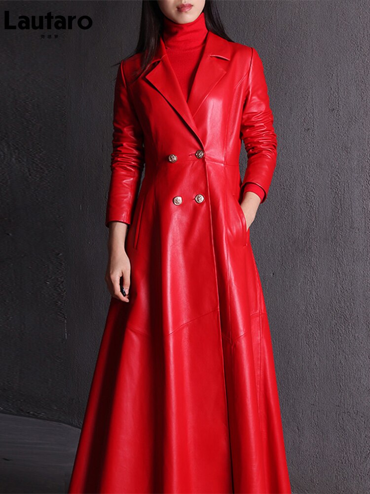 Coat - Long Skirted Red Black Faux Leather Trench Coat