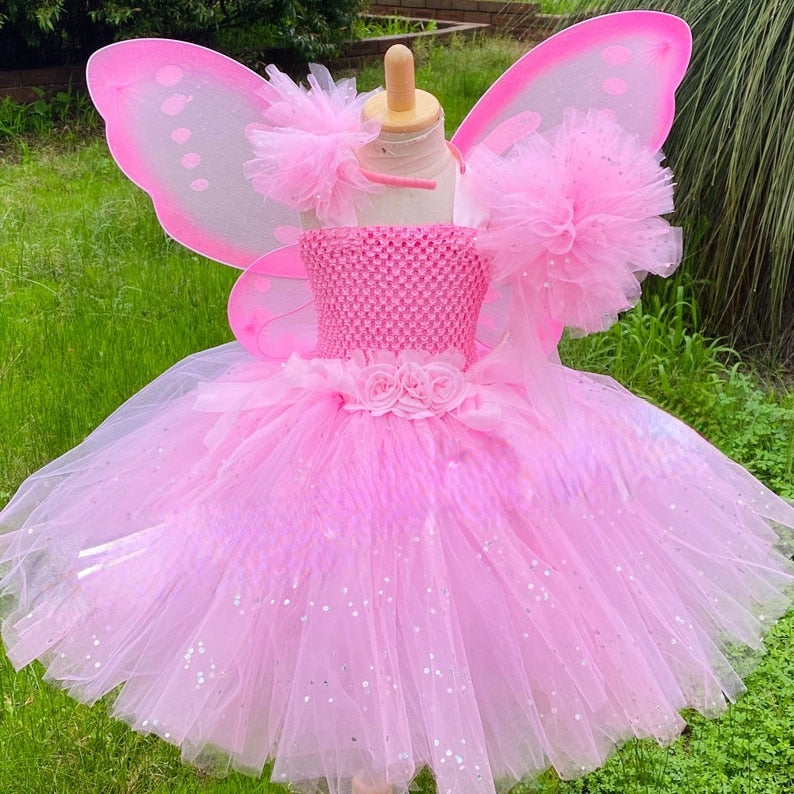 Dress - Girls Pink Fairy Dress Kids Glitter Tutu Flower Dresses