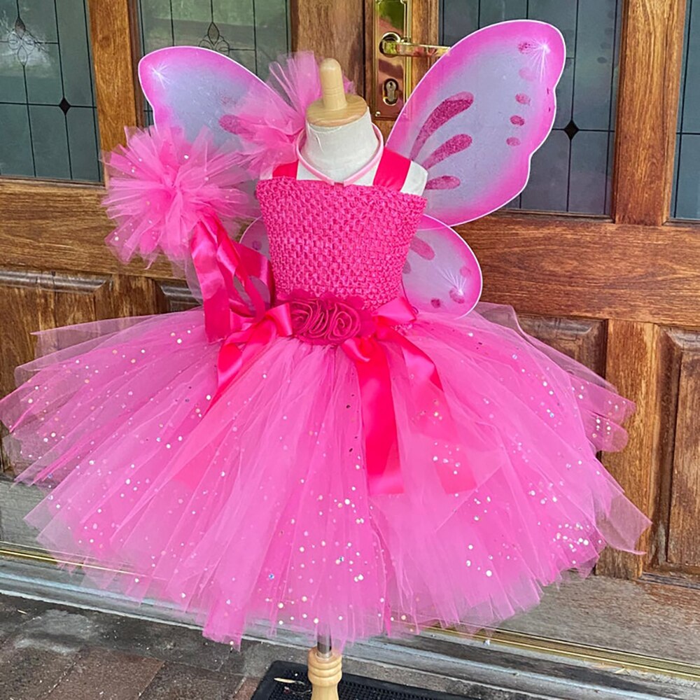 Dress - Girls Pink Glitter Butterfly Dress