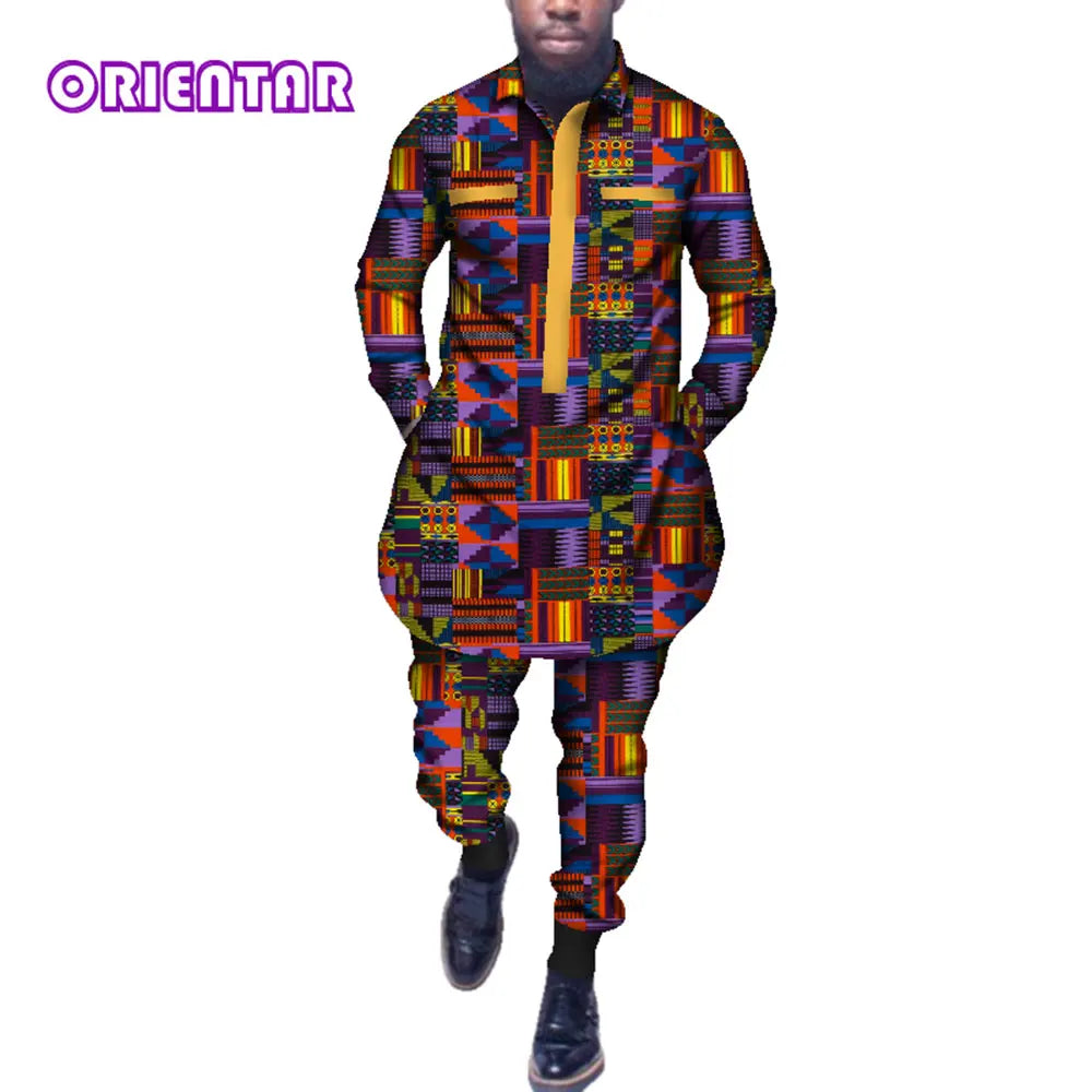 African Men Long Sleeve Shirt Pants Set