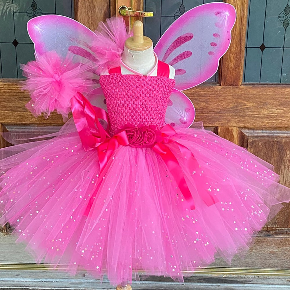 Dress - Girls Pink Glitter Butterfly Dress