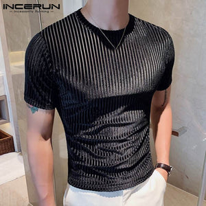 Men Casual T Shirt Velour Round Neck