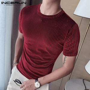 Men Casual T Shirt Velour Round Neck