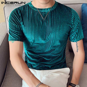 Men Casual T Shirt Velour Round Neck