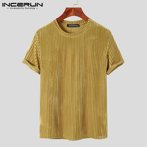 Men Casual T Shirt Velour Round Neck