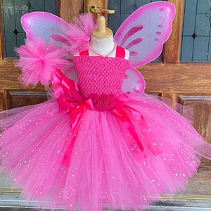 Dress - Girls Pink Glitter Butterfly Dress