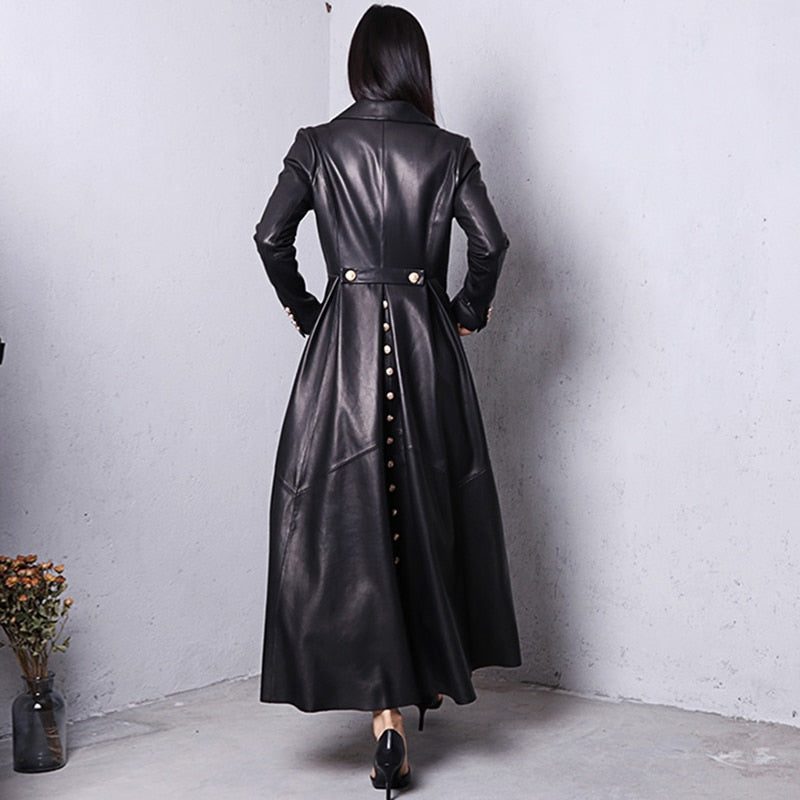 Coat - Long Skirted Red Black Faux Leather Trench Coat