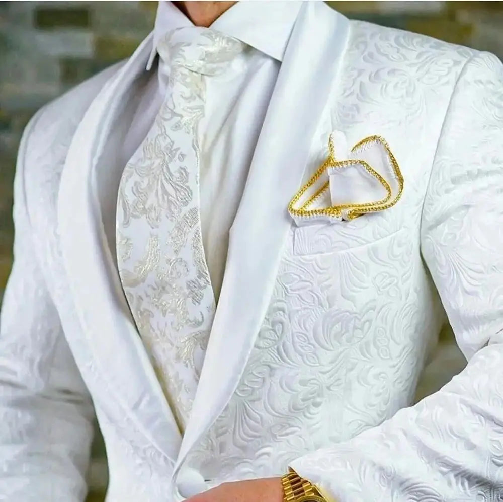 Suit - High-quality White Jacquard Men Suit