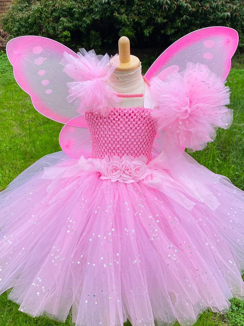 Dress - Girls Pink Fairy Dress Kids Glitter Tutu Flower Dresses