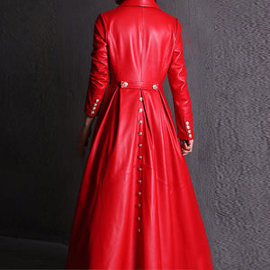 Coat - Long Skirted Red Black Faux Leather Trench Coat