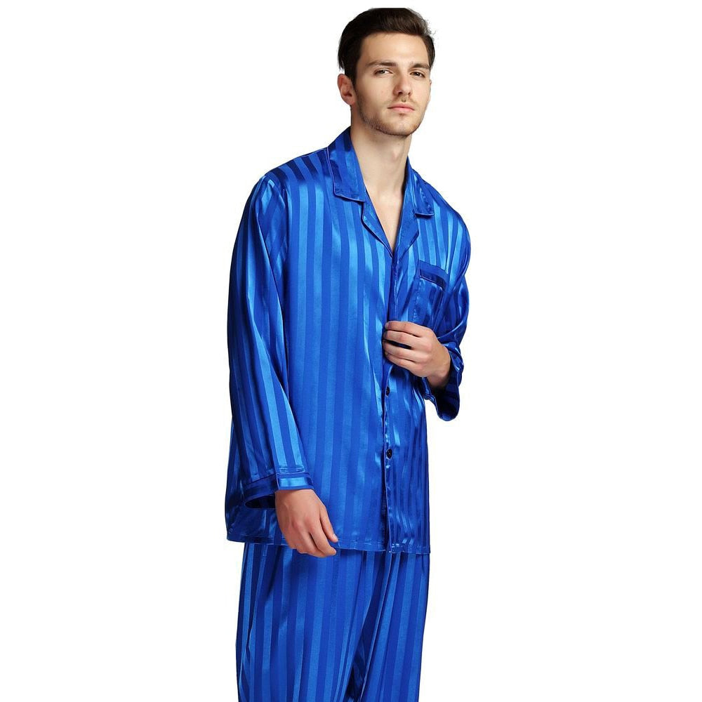 Pajamas - Mens Silk Satin Pajamas Set