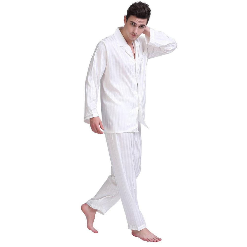 Pajamas - Mens Silk Satin Pajamas Set