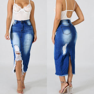 Split Denim Distressed Jeans Skirt