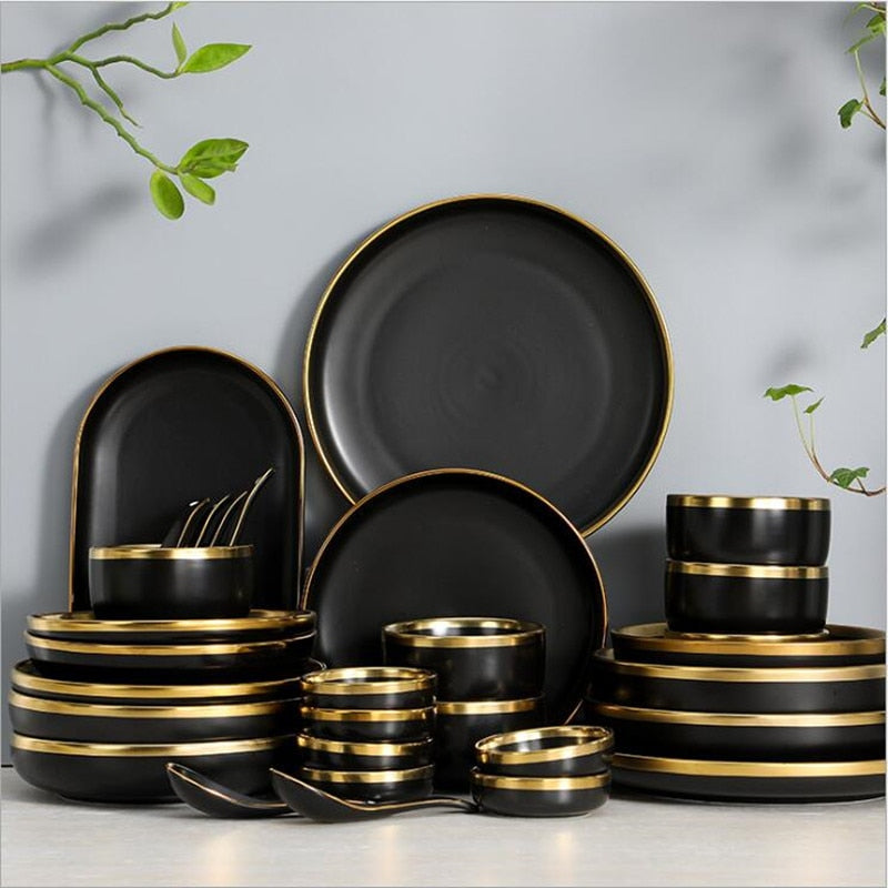 Gilt Rim Black Porcelain Dinner Plates