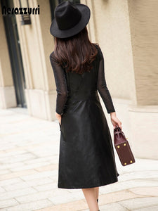 Long Black PU Leather Dress