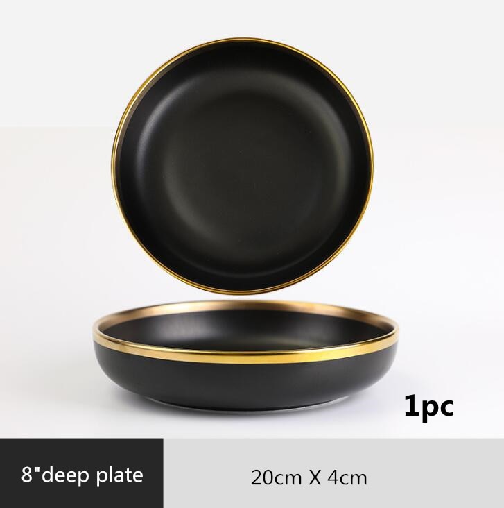 Gilt Rim Black Porcelain Dinner Plates