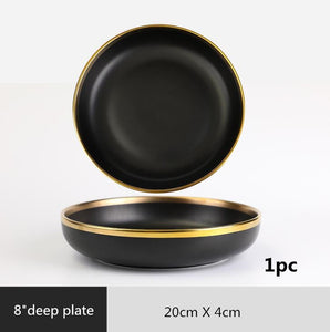 Gilt Rim Black Porcelain Dinner Plates