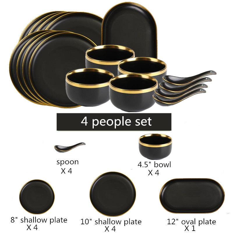 Gilt Rim Black Porcelain Dinner Plates