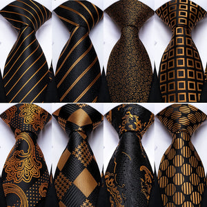 Luxury Gold Black Striped Paisley Silk Tie