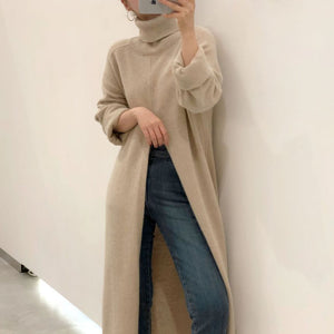 Women Designer Turtleneck Split Sweater Dress