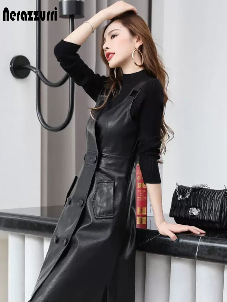 Long Black PU Leather Dress