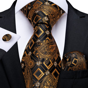 Luxury Gold Black Striped Paisley Silk Tie