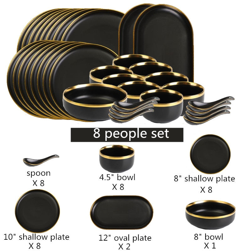 Gilt Rim Black Porcelain Dinner Plates