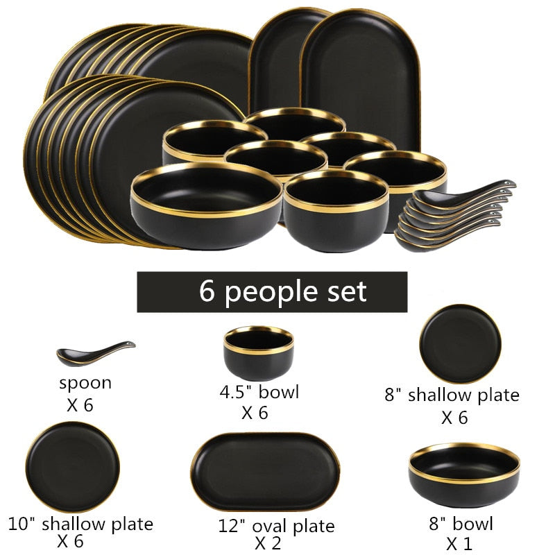 Gilt Rim Black Porcelain Dinner Plates