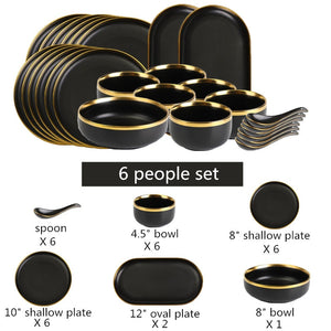 Gilt Rim Black Porcelain Dinner Plates