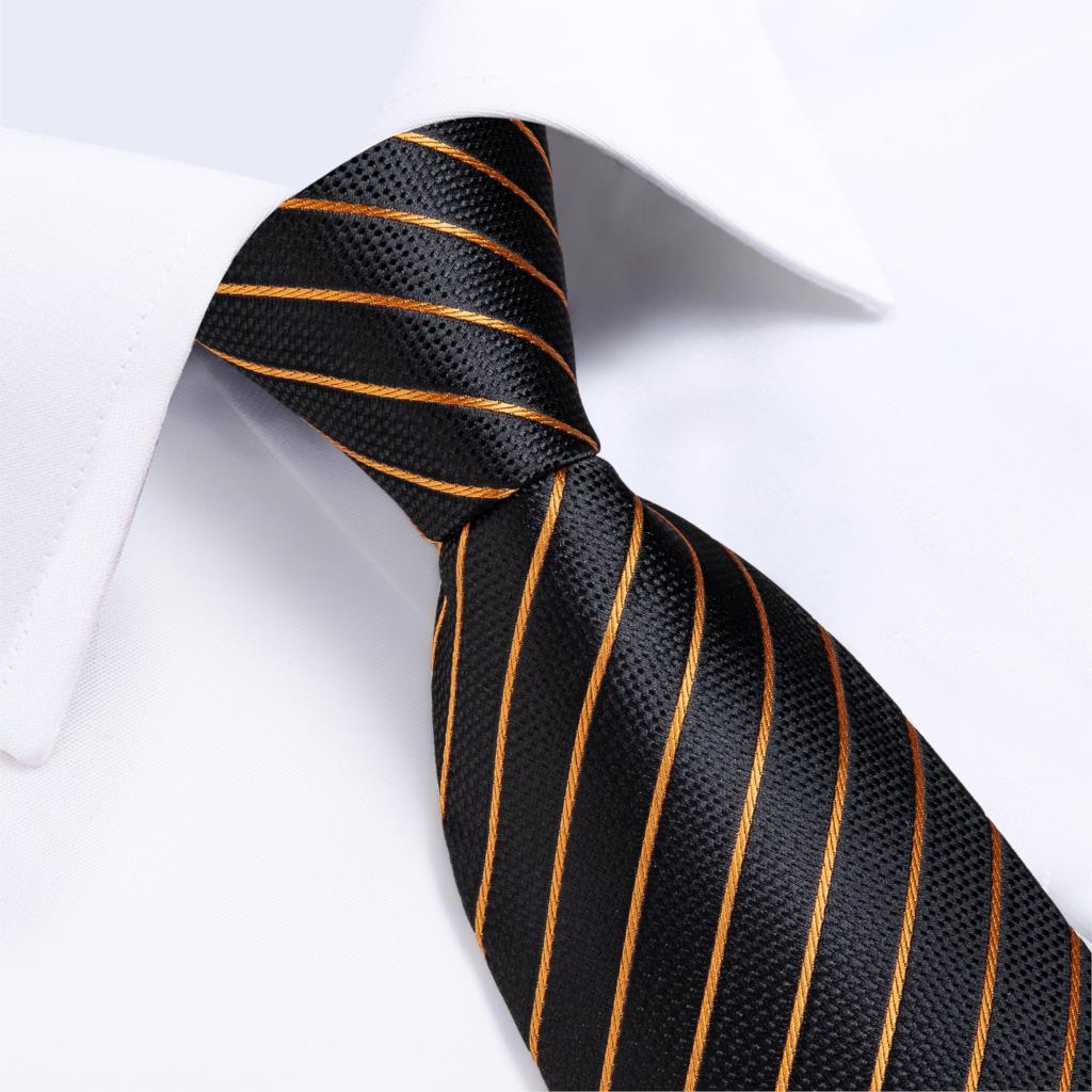 Luxury Gold Black Striped Paisley Silk Tie