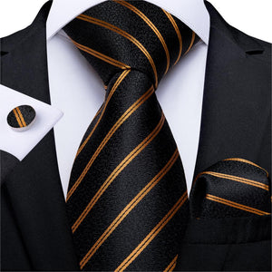 Luxury Gold Black Striped Paisley Silk Tie