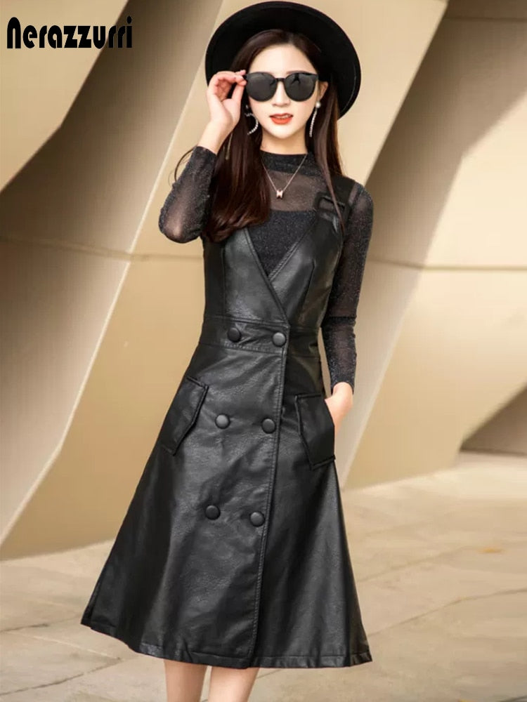 Long Black PU Leather Dress