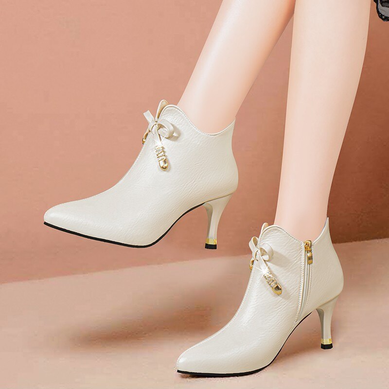 Beige Pointed Toe Elastic Ankle Boots