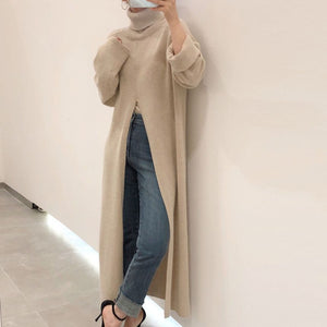 Women Designer Turtleneck Split Sweater Dress