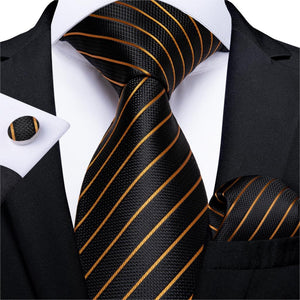 Luxury Gold Black Striped Paisley Silk Tie