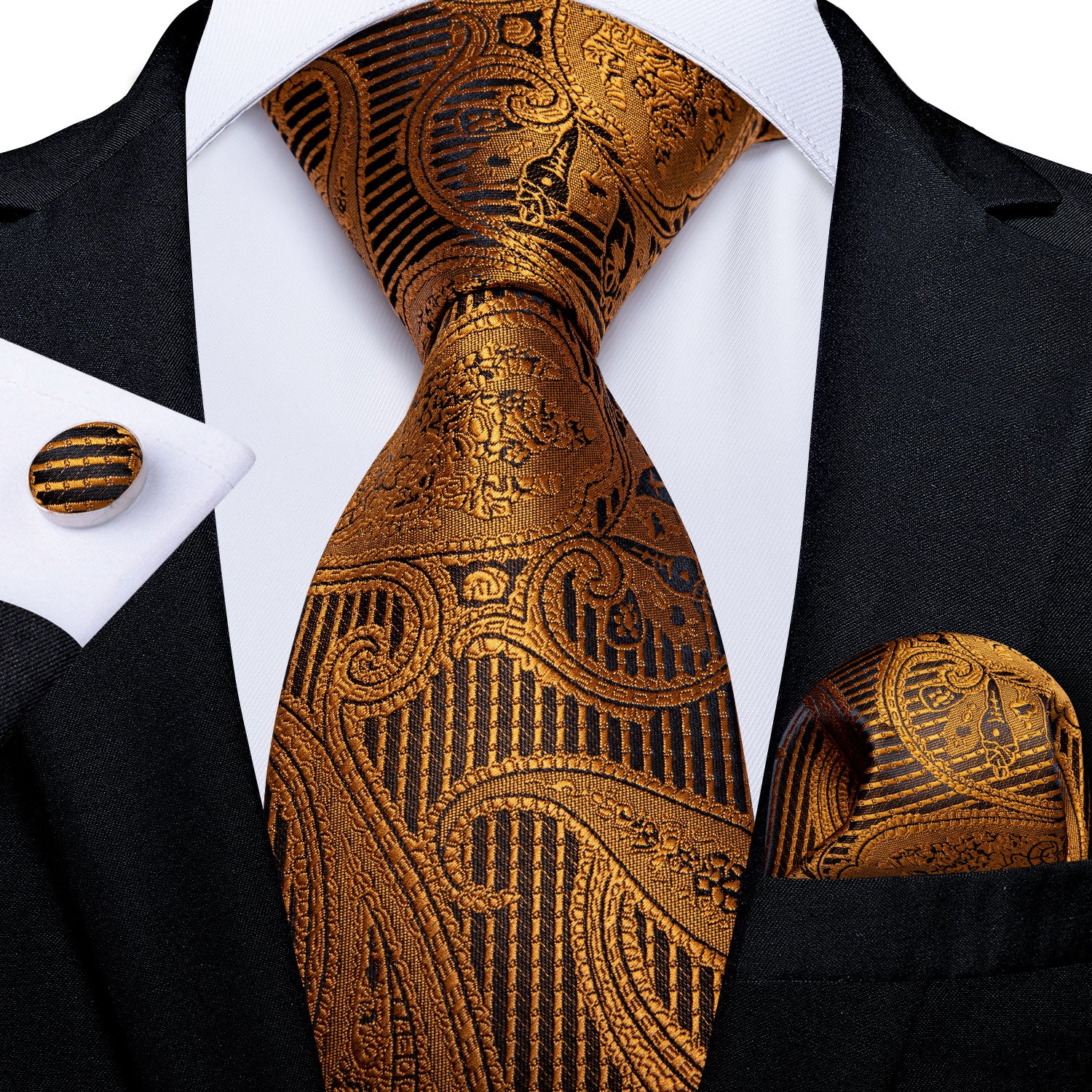 Luxury Gold Black Striped Paisley Silk Tie