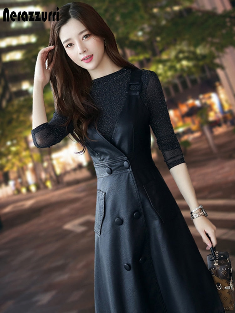 Long Black PU Leather Dress