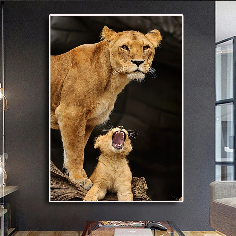 Painting - African Wild Lion Mother and Baby Posters