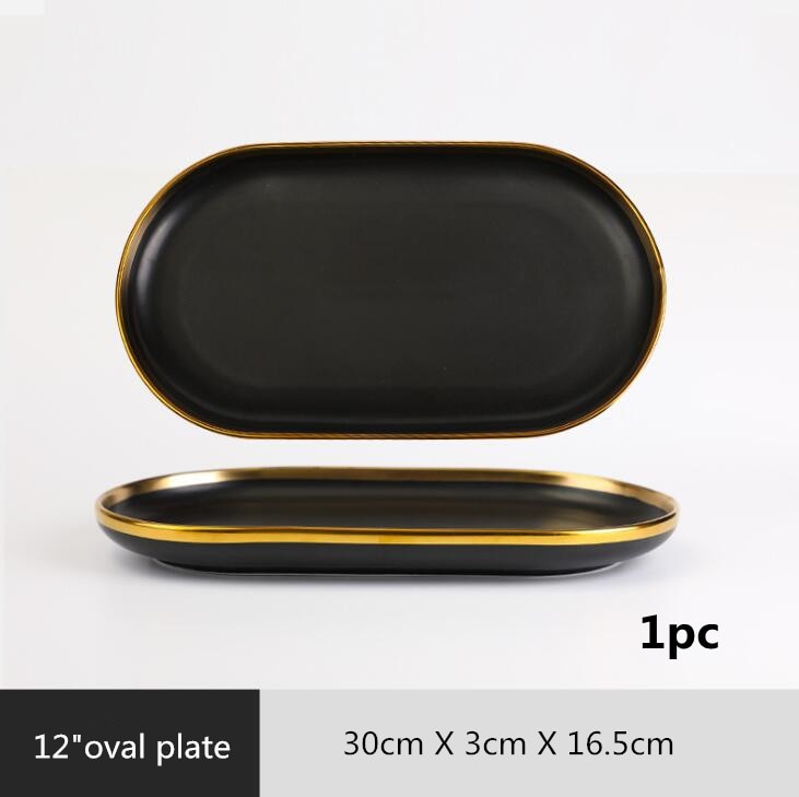 Gilt Rim Black Porcelain Dinner Plates