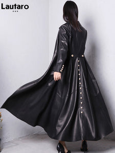 Coat - Long Skirted Red Black Faux Leather Trench Coat