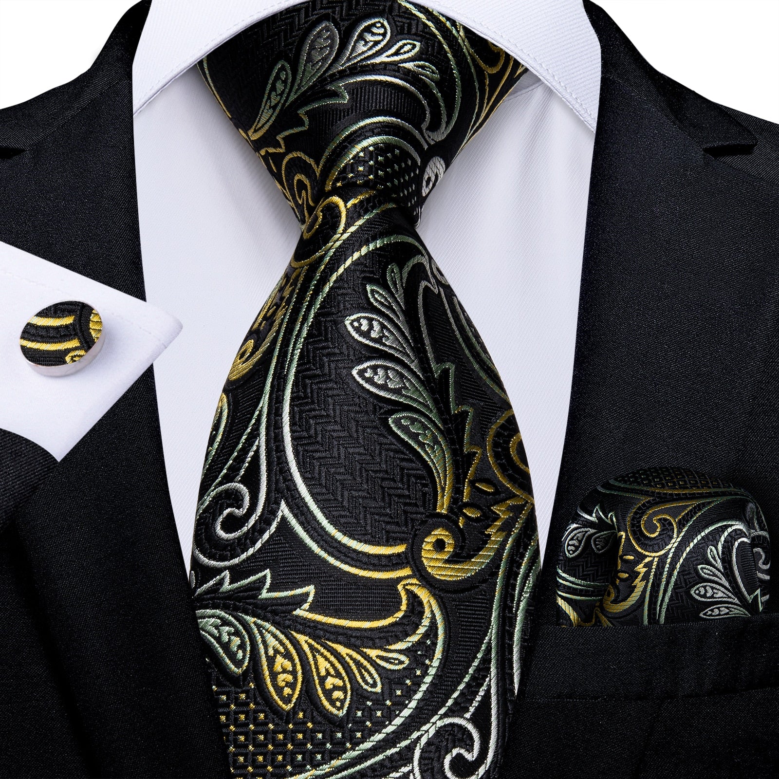 Luxury Gold Black Striped Paisley Silk Tie