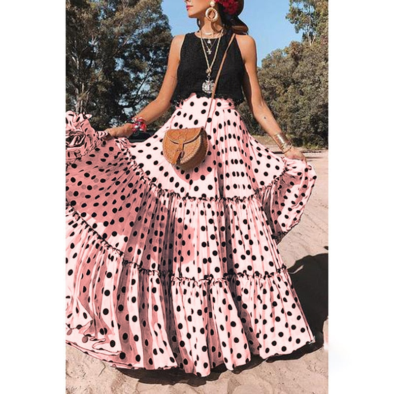 Polka Dot Women Ruffle Maxi Skirt