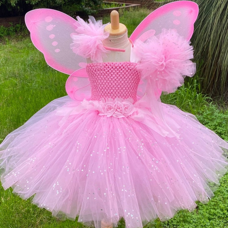 Dress - Girls Pink Fairy Dress Kids Glitter Tutu Flower Dresses